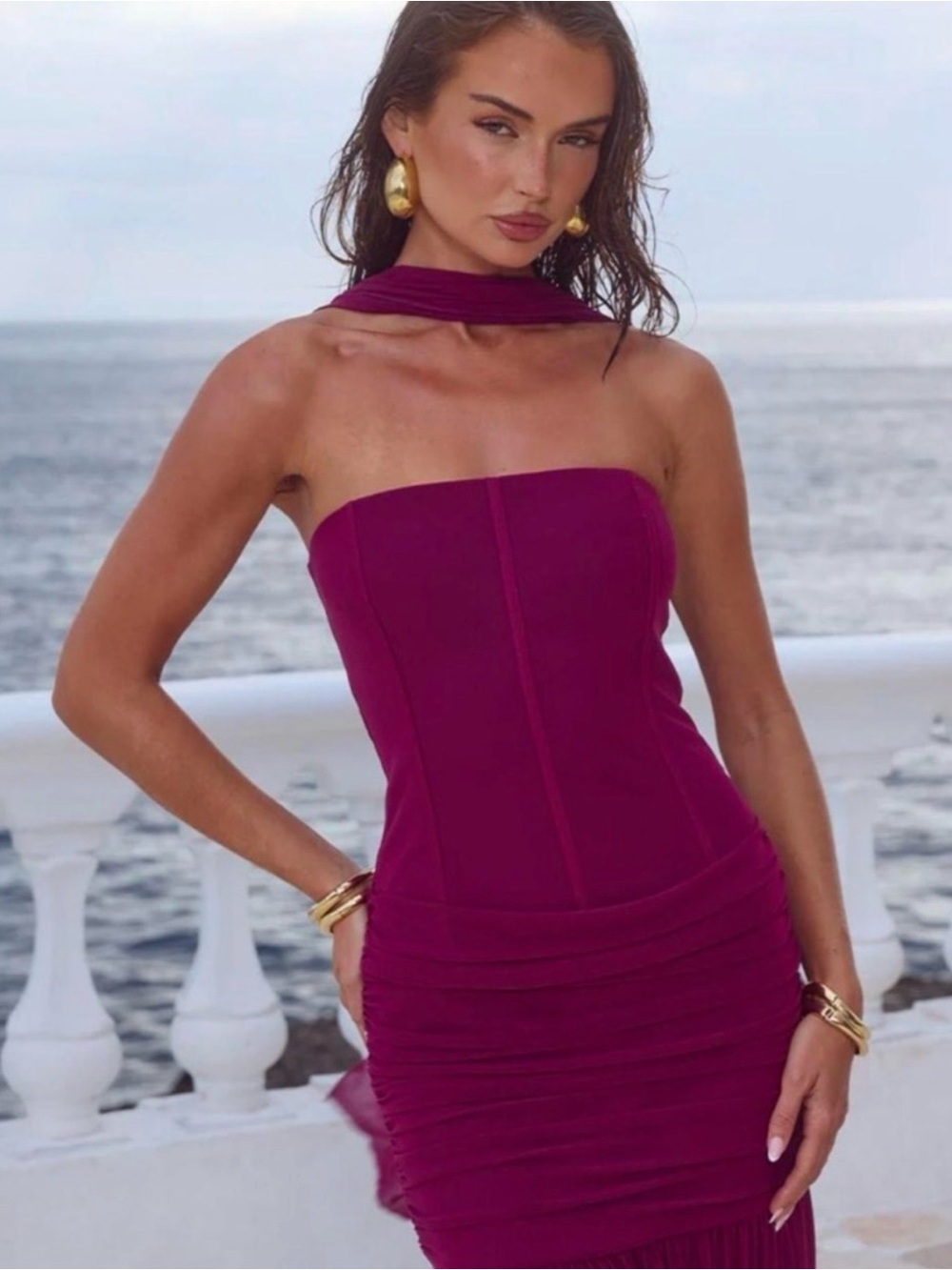 Sleeveless Maxi Dress in Plum with Draped Back Panels